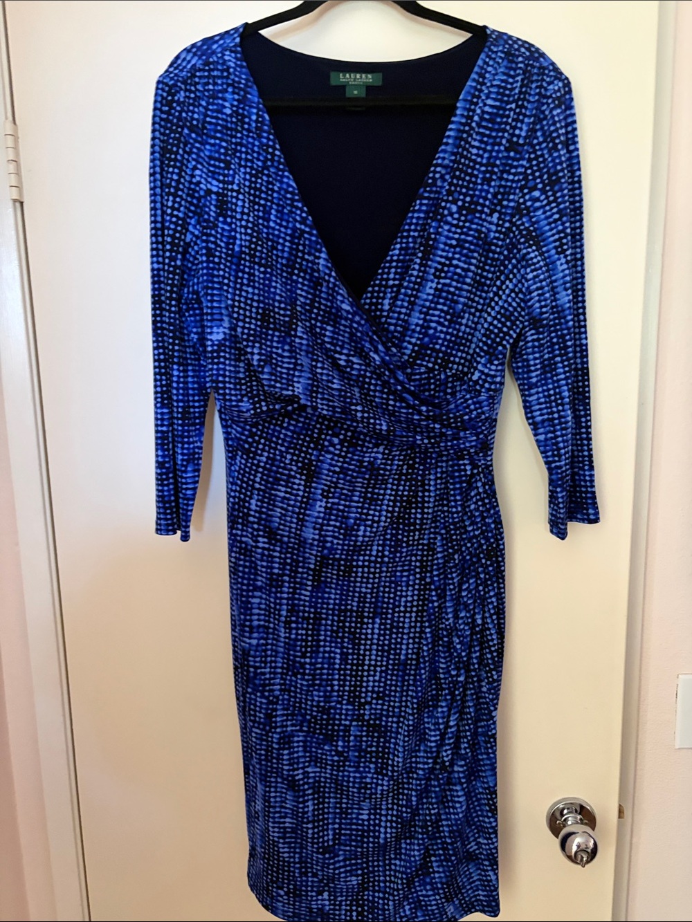 Lauren Ralph Lauren Royal Blue and Black Faux Wrap Midi Dress